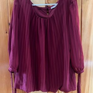 Pleated Long-Sleeve Blouse - Wine
